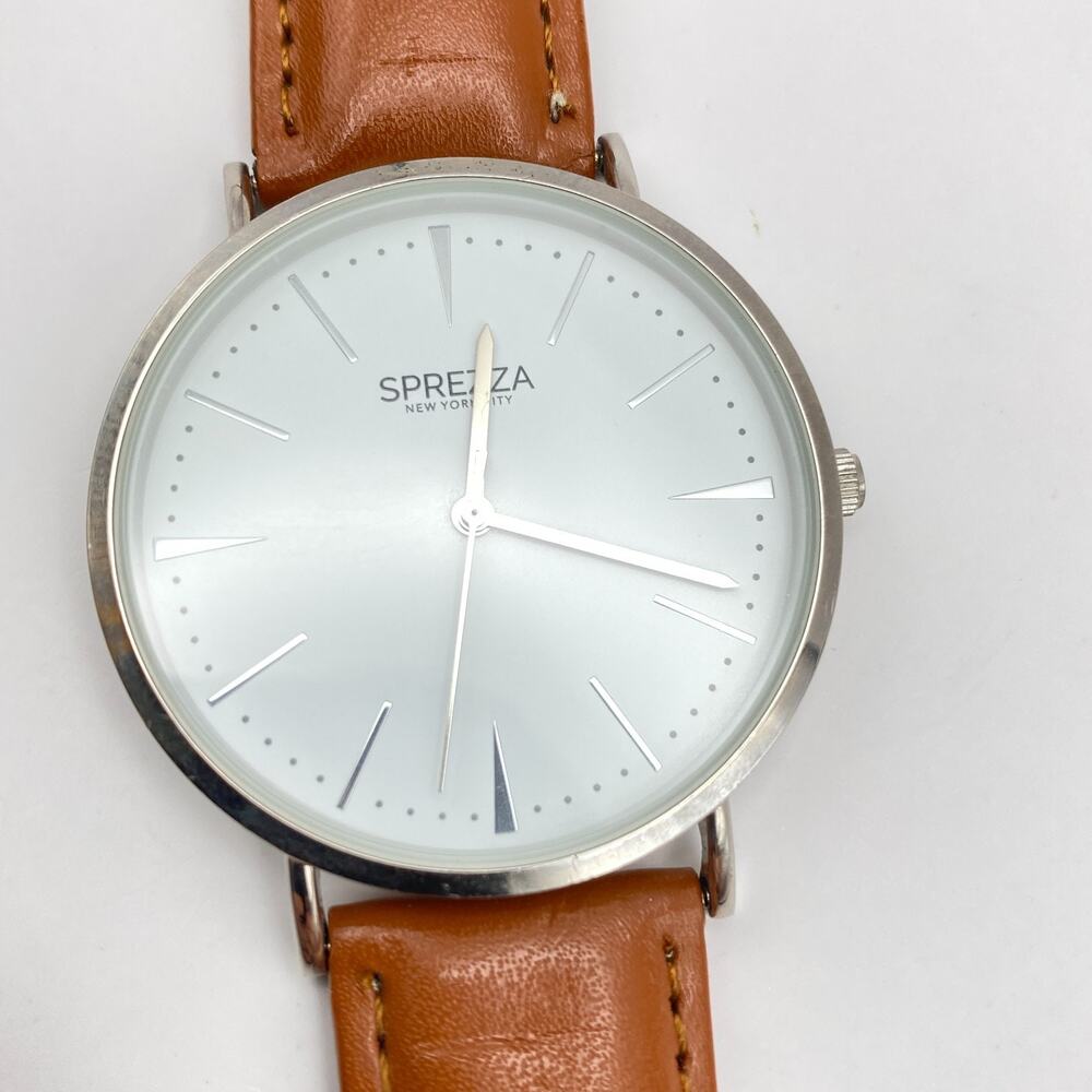 Sprezza Watch Men Silver Tone White Dial 40MM Case Faux Leather - Needs Battery